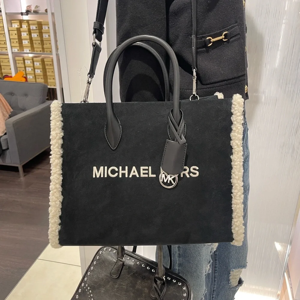 MICHAEL KORS Mirella Medium Suede and Faux Shearling Tote Bag Black  NWT